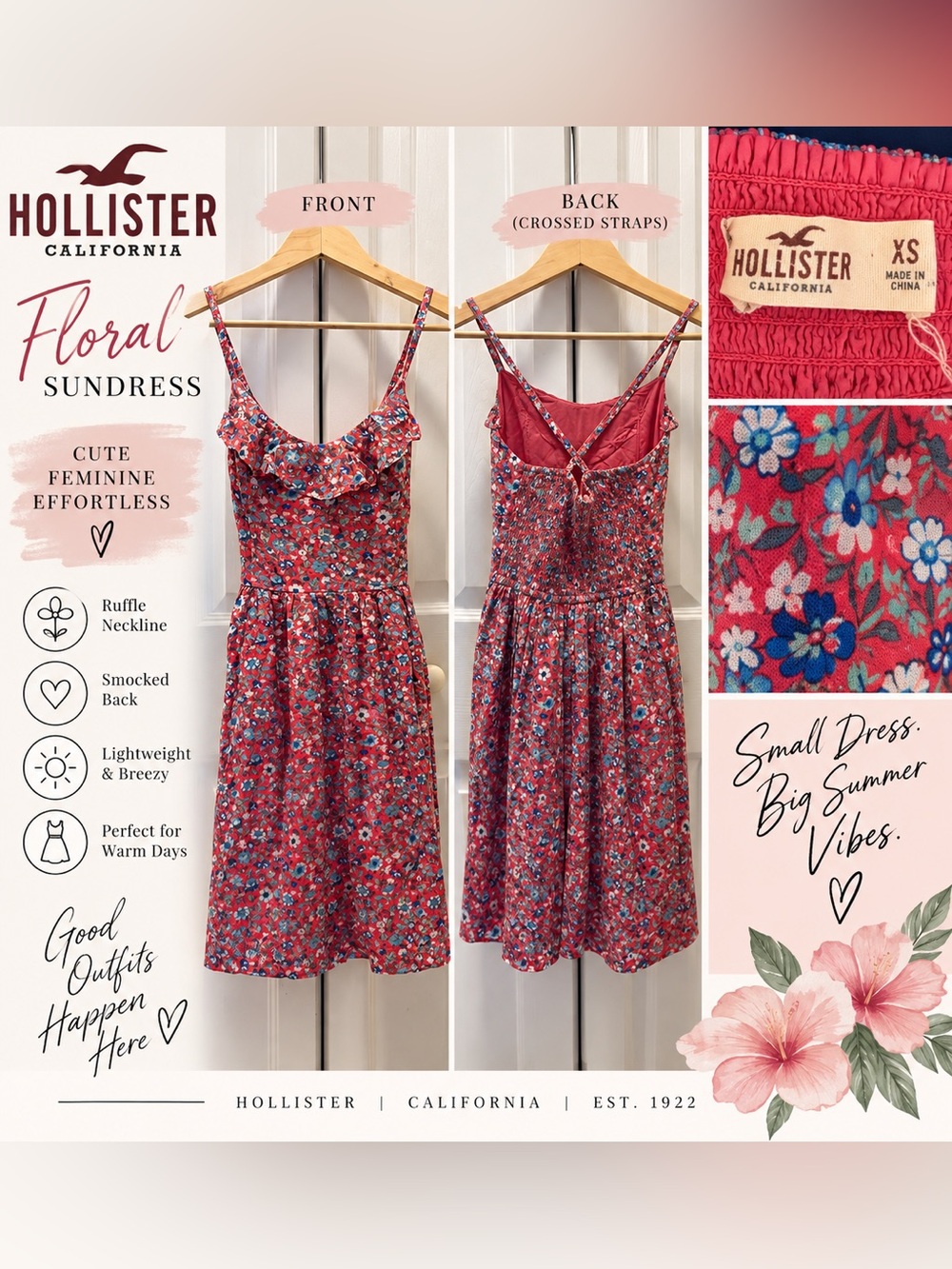 Hollister Floral Ruffle Sundress XS Cross Back Smocked Summer Dress